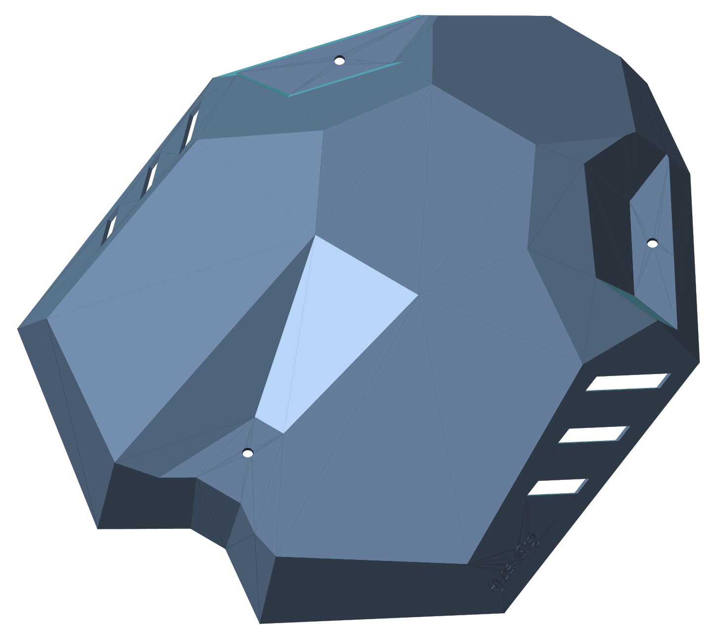 Three-quarter · Port high — primary presentation angle. Render of the payload housing from the shipped STL.