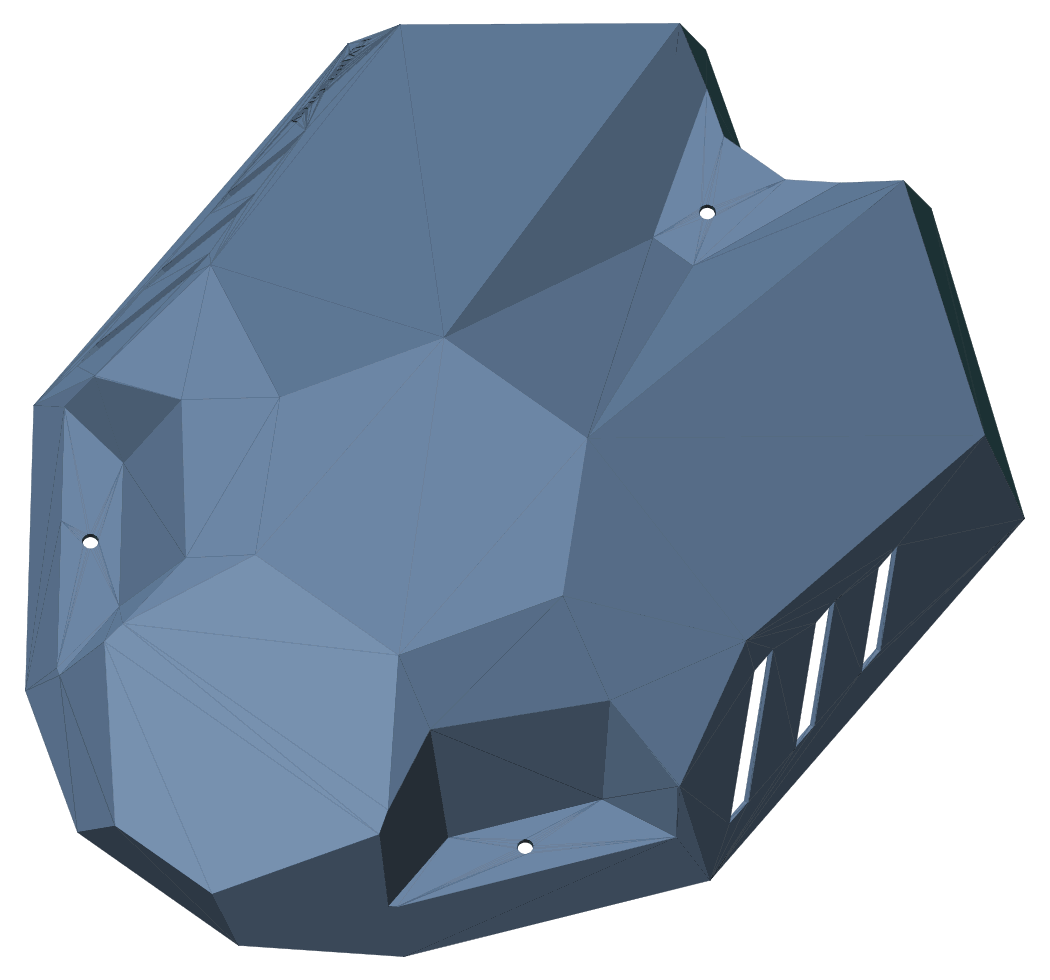 Aft quarter · Starboard — rear crease break. Render of the payload housing from the shipped STL.