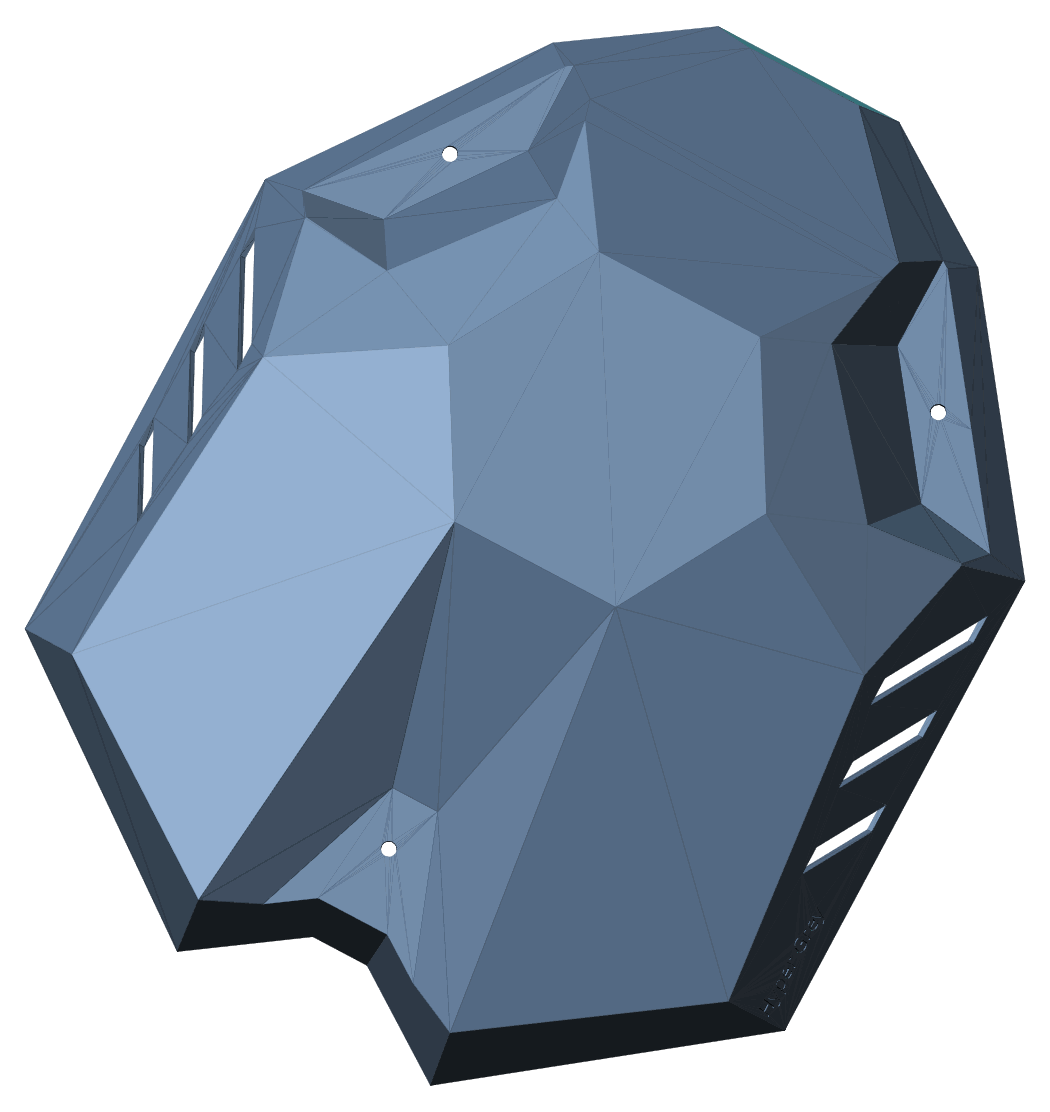 Low angle · Hull-slot profile — mounting profile reads. Render of the payload housing from the shipped STL.