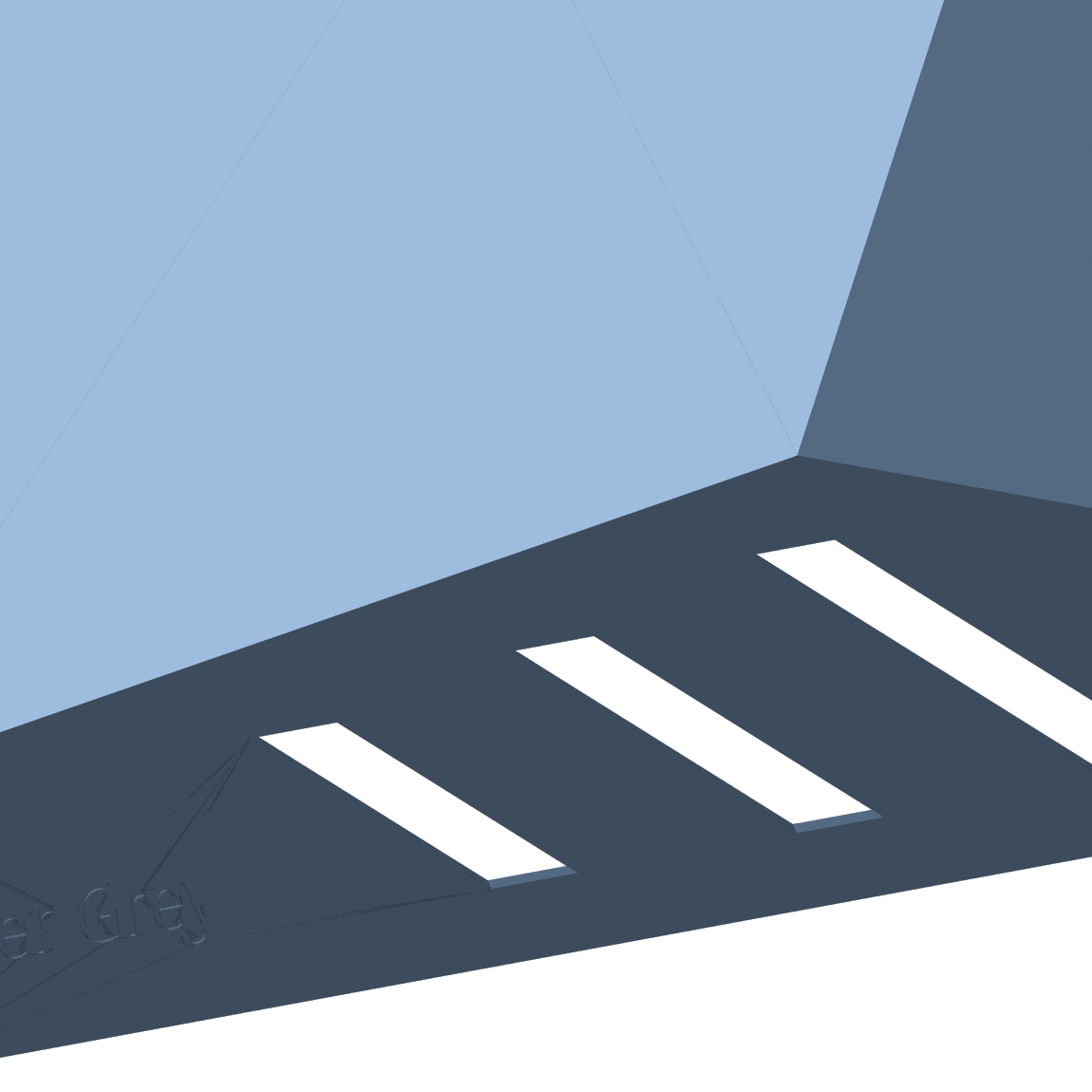Detail · Vent louvres & part mark — bold cuts and creases. Render of the payload housing from the shipped STL.