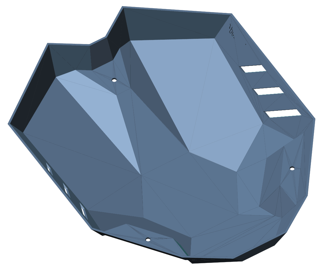 Underside · Internal cavity — wall section · fastener bosses. Render of the payload housing from the shipped STL.