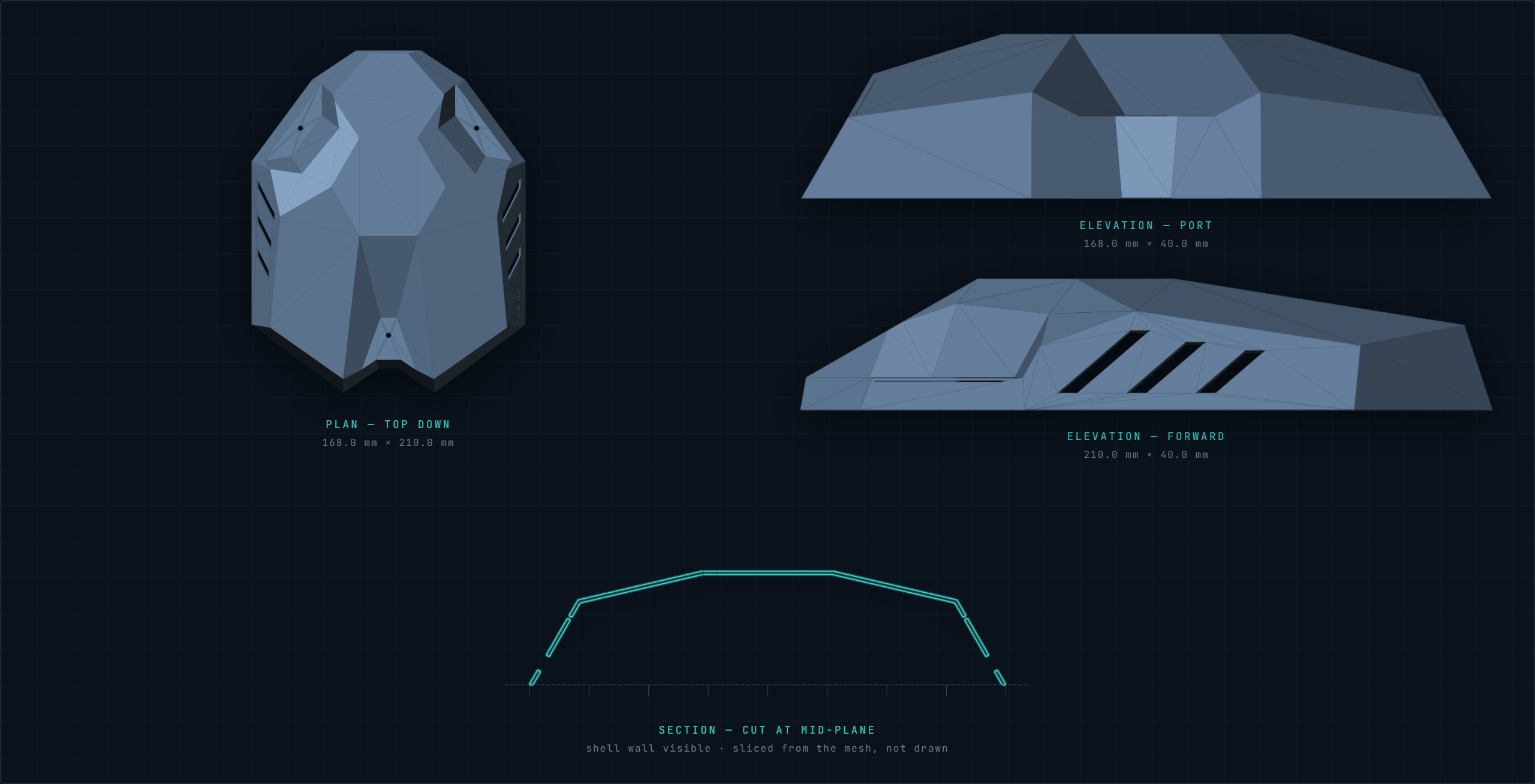 Orthographic set · section — plan, elevations, mid-plane cut. Render of the payload housing from the shipped STL.